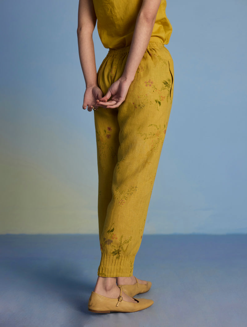 Raya Pintuck Floral Linen Pant - Ochre