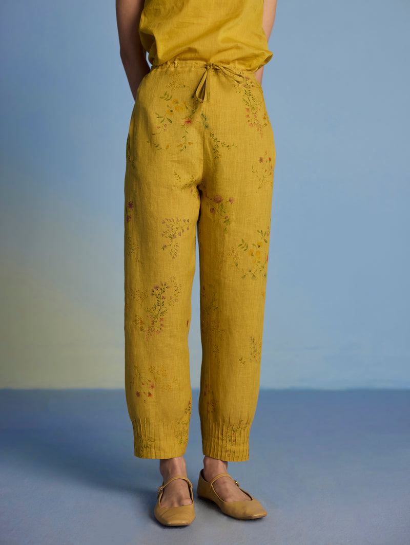 Raya Pintuck Floral Linen Pant - Ochre