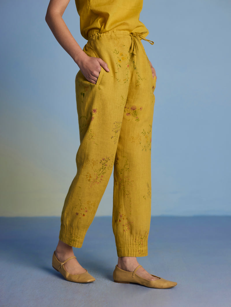 Raya Pintuck Floral Linen Pant - Ochre