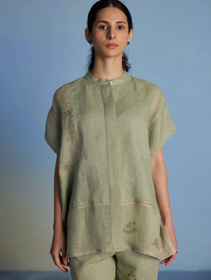 Aboli Patchwork Linen Shirt - Mint