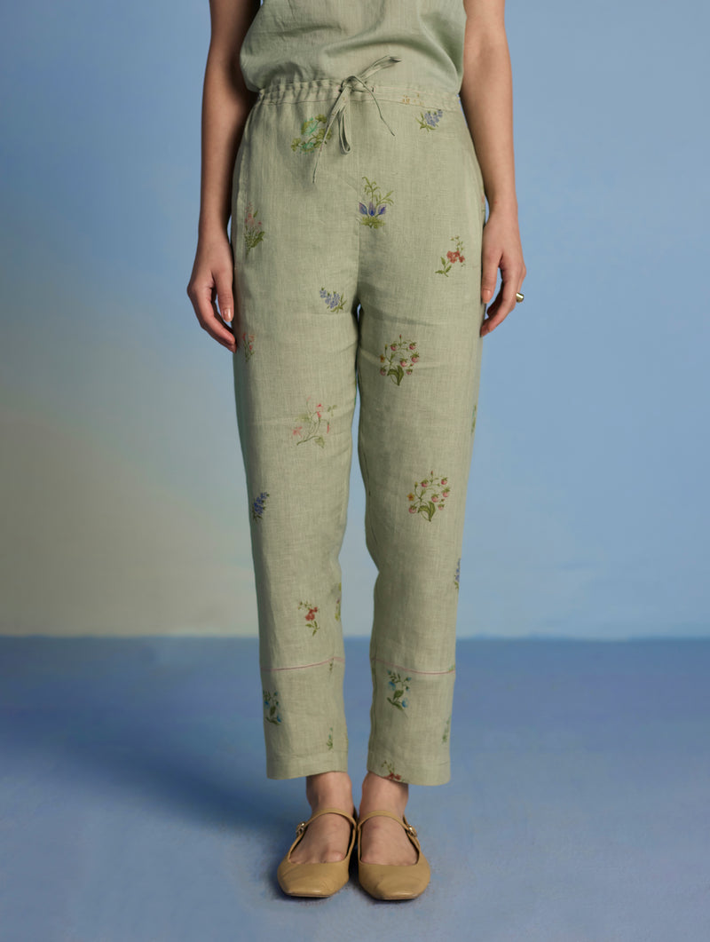 Nama Floral Linen Pant - Mint