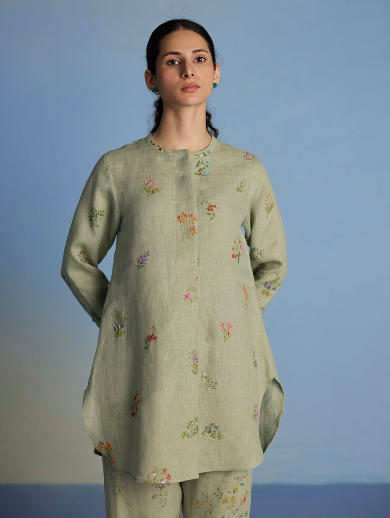 Anya Hand-Embroidered Floral Linen Co-ord Set - Mint