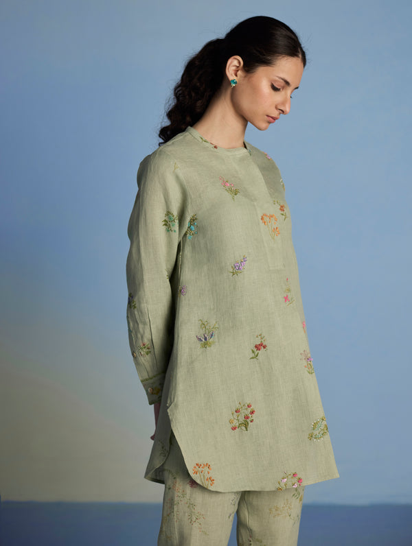 Anya Hand-Embroidered Floral Linen Kurta - Mint