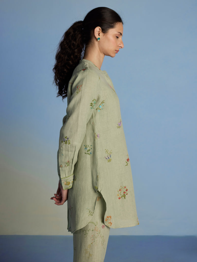 Anya Hand-Embroidered Floral Linen Co-ord Set - Mint