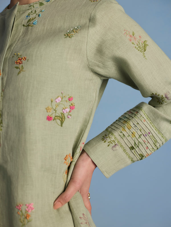 Anya Hand-Embroidered Floral Linen Kurta - Mint