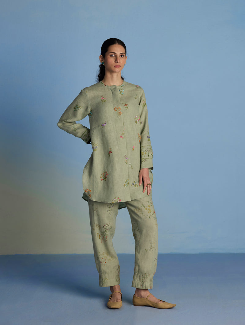 Anya Hand-Embroidered Floral Linen Co-ord Set - Mint