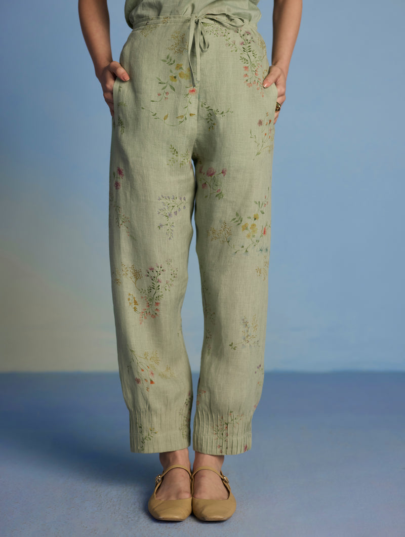 Raya Pintuck Floral Linen Pant - Mint