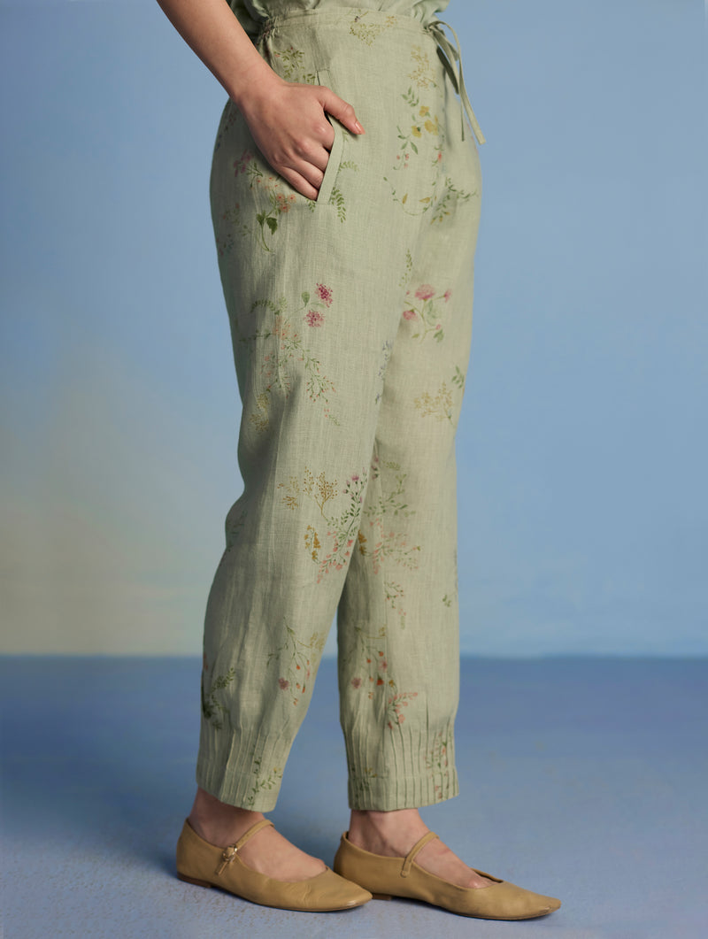 Raya Pintuck Floral Linen Pant - Mint