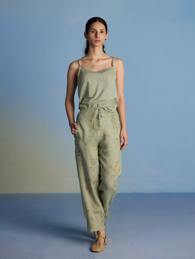 Raya Pintuck Floral Linen Pant - Mint