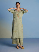 Para Hand-Embroidered Linen Kurta - Mint