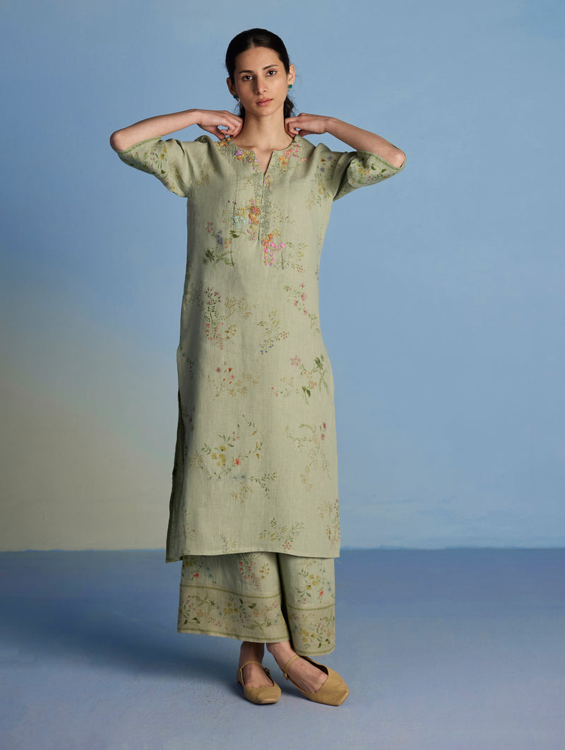 Para Hand-Embroidered Linen Kurta Set  - Mint