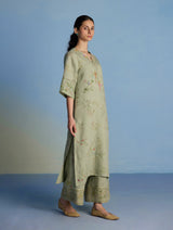 Para Hand-Embroidered Linen Kurta Set  - Mint