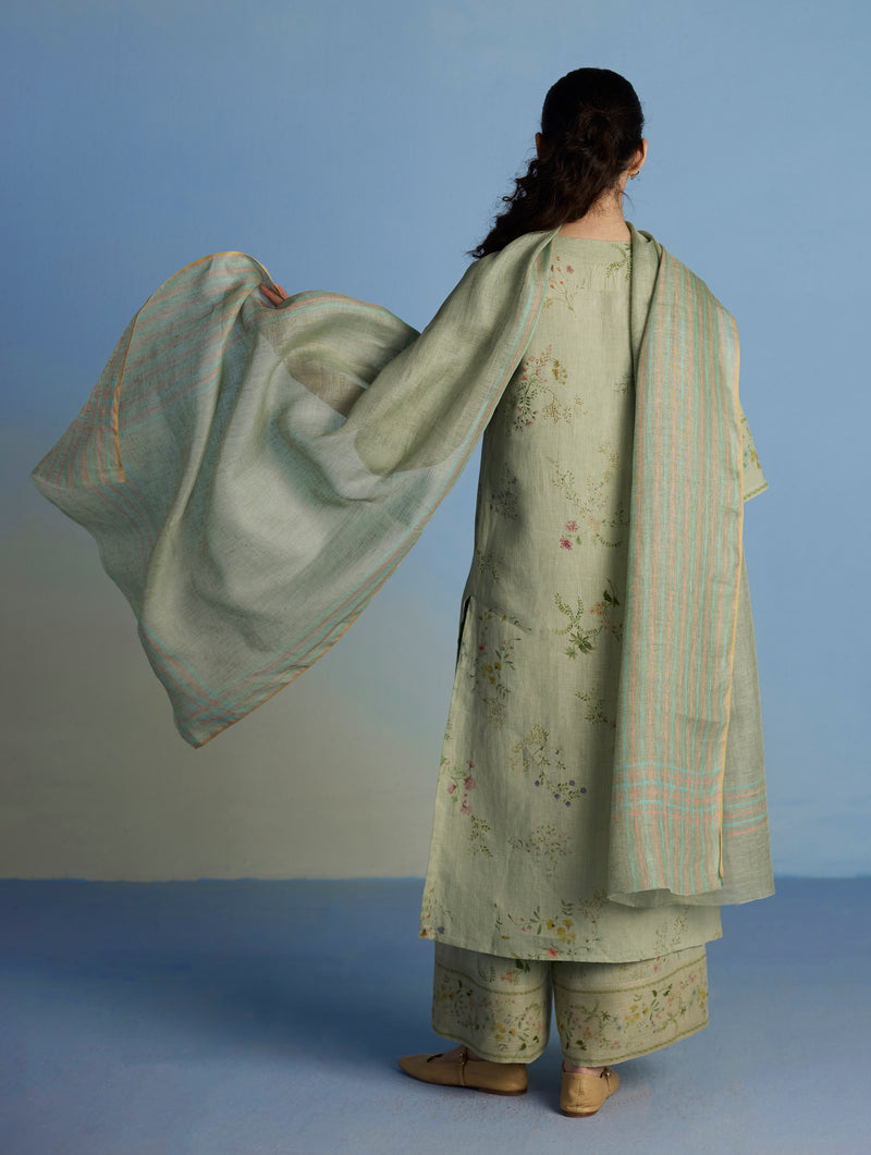 Para Hand-Embroidered Linen Kurta Set  - Mint