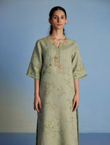 Para Hand-Embroidered Linen Kurta - Mint