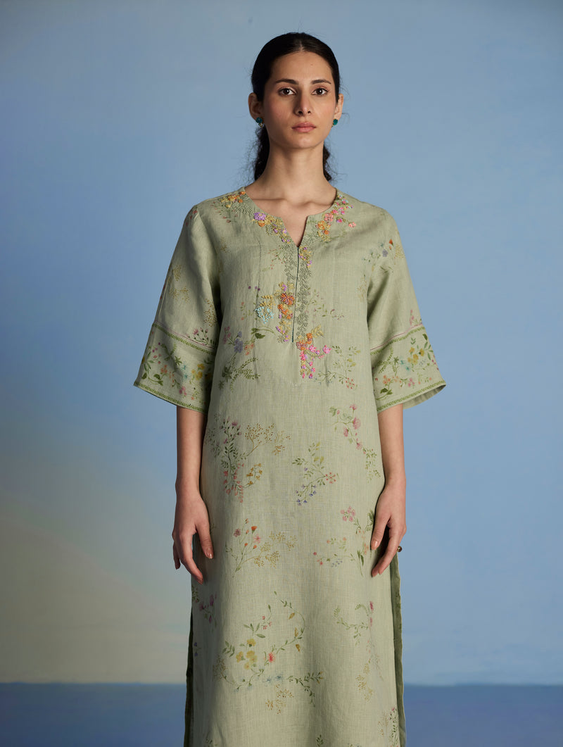 Para Hand-Embroidered Linen Kurta Set  - Mint