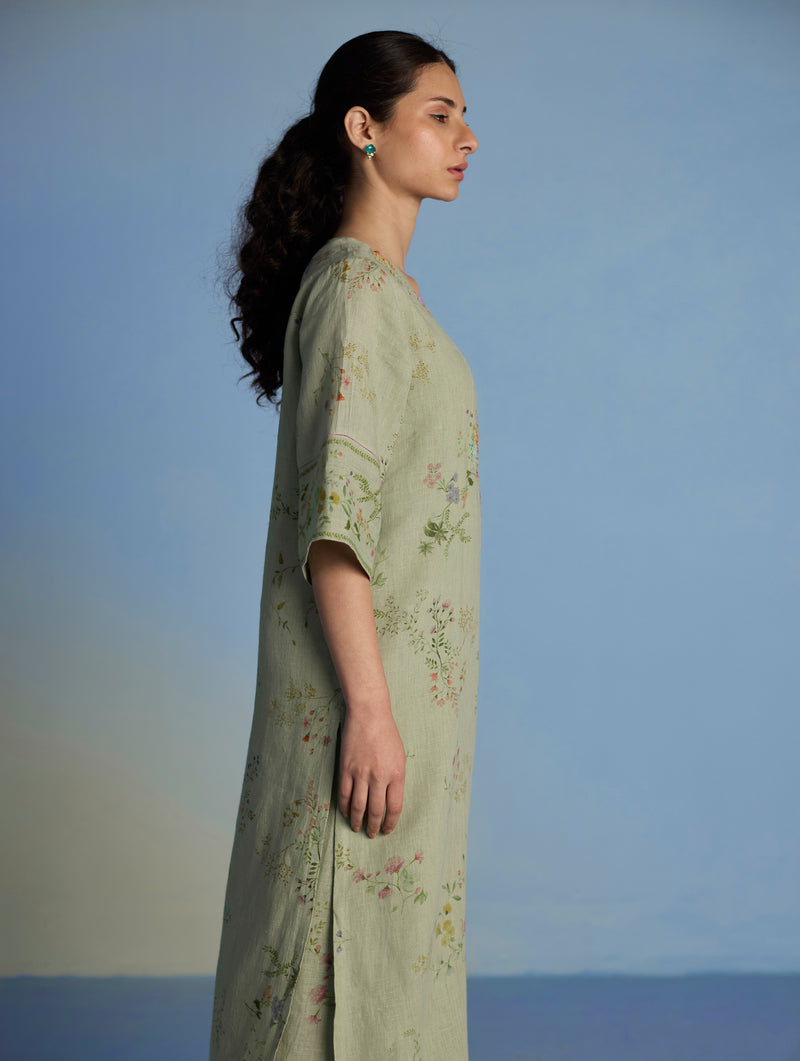 Para Hand-Embroidered Linen Kurta - Mint