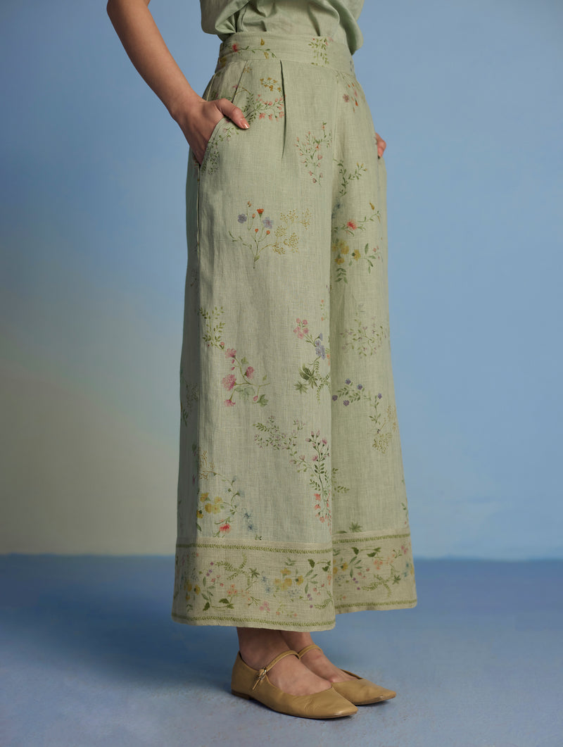 Ama Floral Printed Linen Pant - Mint