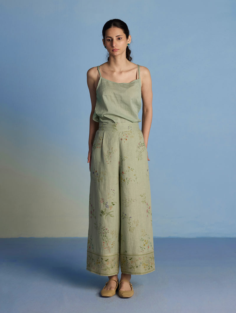 Ama Floral Printed Linen Pant - Mint