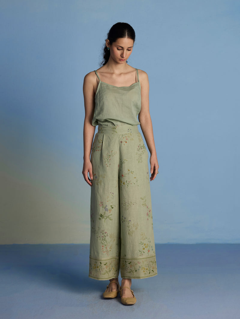 Ama Floral Printed Linen Pant - Mint