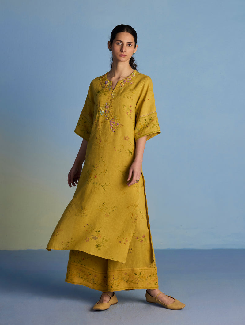 Para Hand-Embroidered Linen Kurta Set  - Ochre