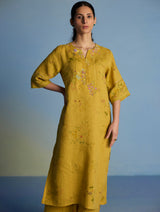 Para Hand-Embroidered Linen Kurta - Ochre