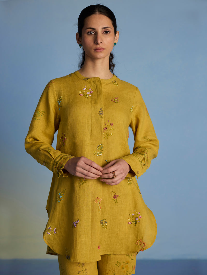 Anya Hand-Embroidered Floral Linen Co-ord Set - Ochre