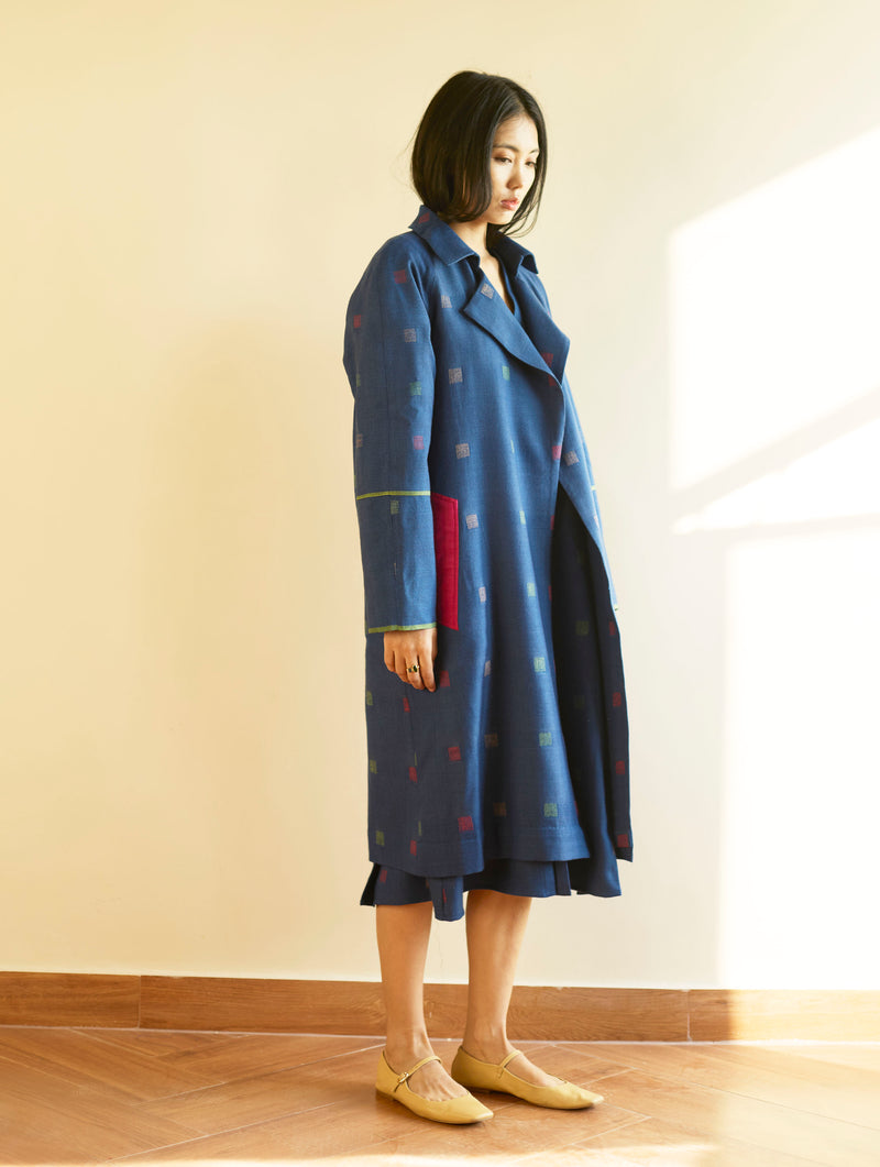 Kayan Jamdani Wool Dress with Jacket - Navy