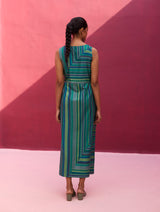 Irsa Silk Stripe Dress with Overlay - Peacock