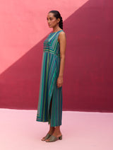 Irsa Silk Stripe Dress with Overlay - Peacock