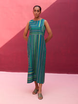 Irsa Silk Stripe Dress with Overlay - Peacock