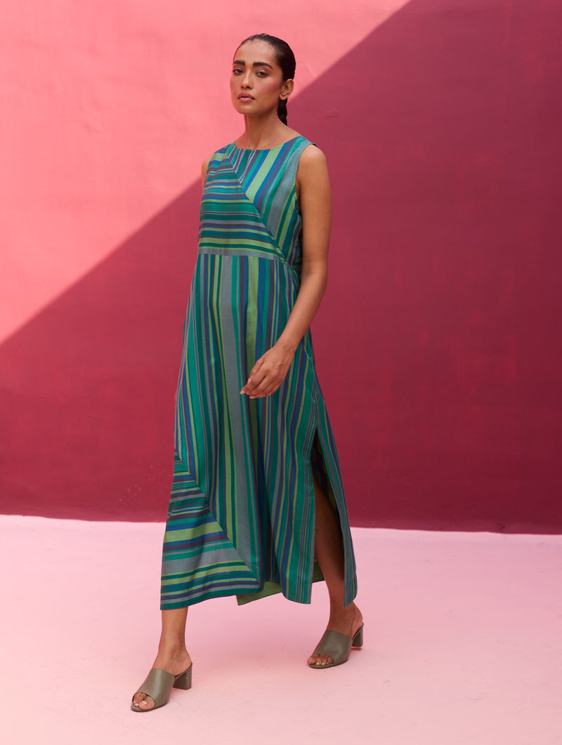 Irsa Sleeveless Silk Stripe Dress - Peacock