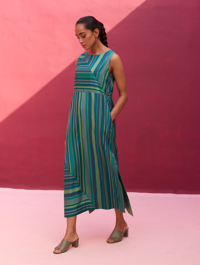 Irsa Silk Stripe Dress with Overlay - Peacock