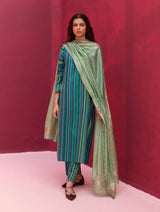 Nura Stripe Silk Kurta Set - Peacock