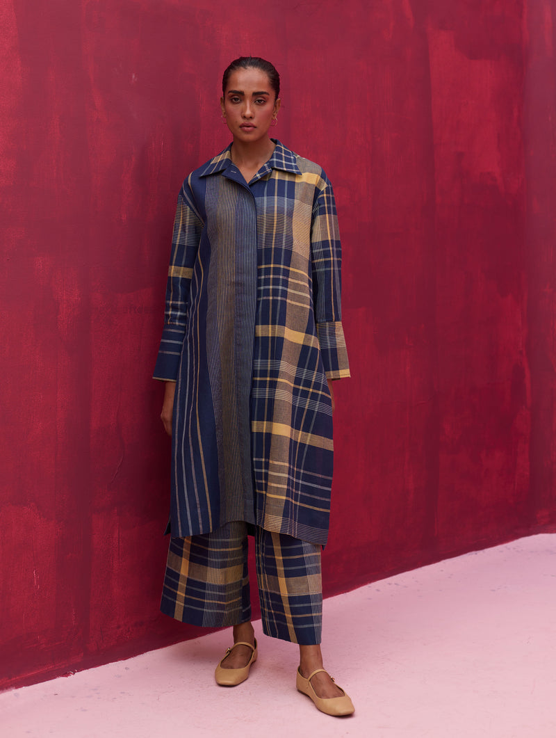 Masha Check Linen Shirt Kurta - Navy