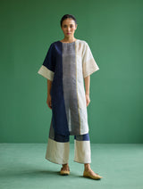 Risa Color-Blocked Linen Kurta - Navy