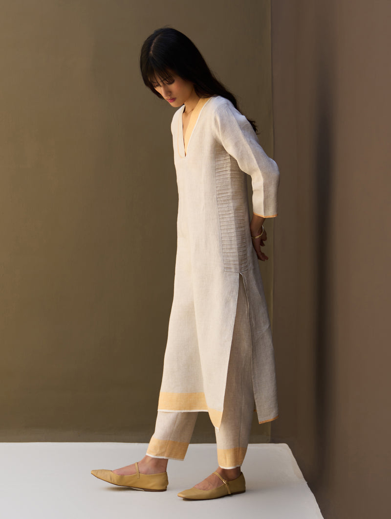 June Border Linen Kurta Set - Natural