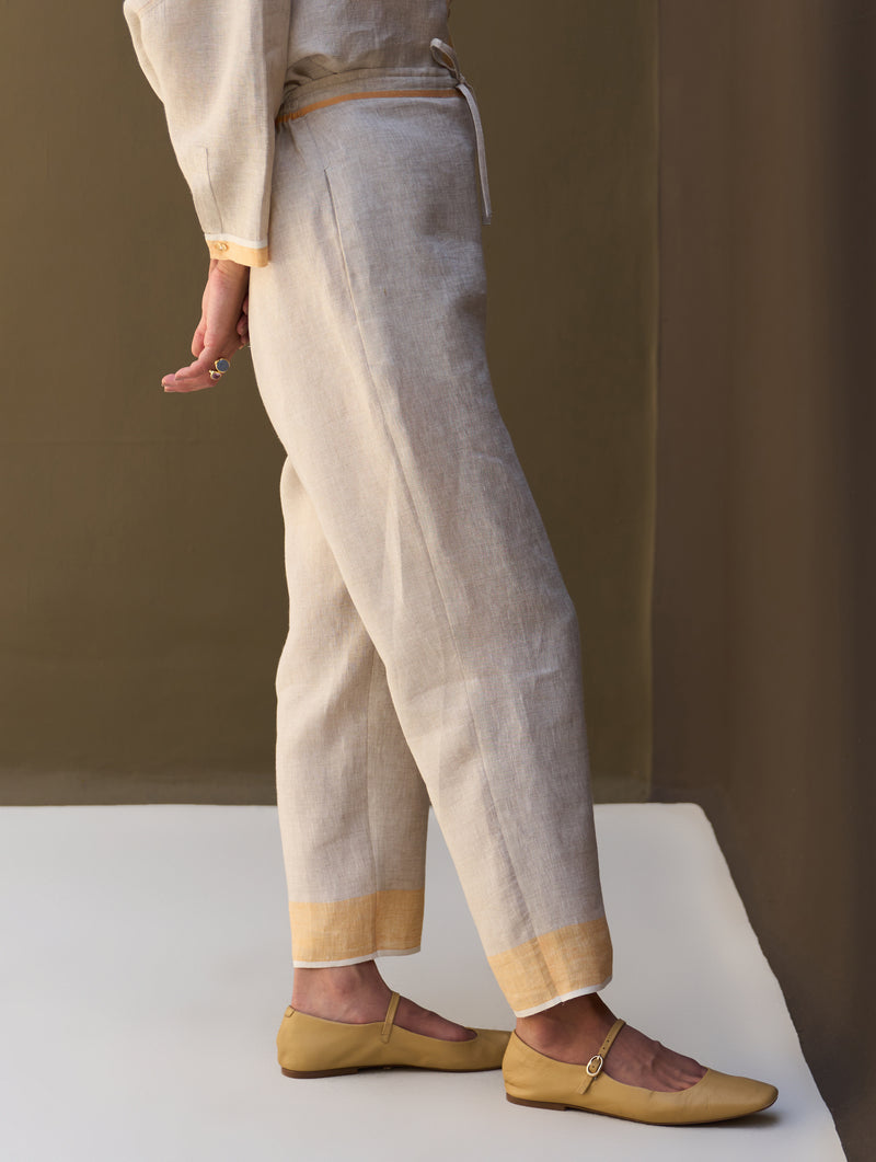 June Border Linen Kurta Set - Natural