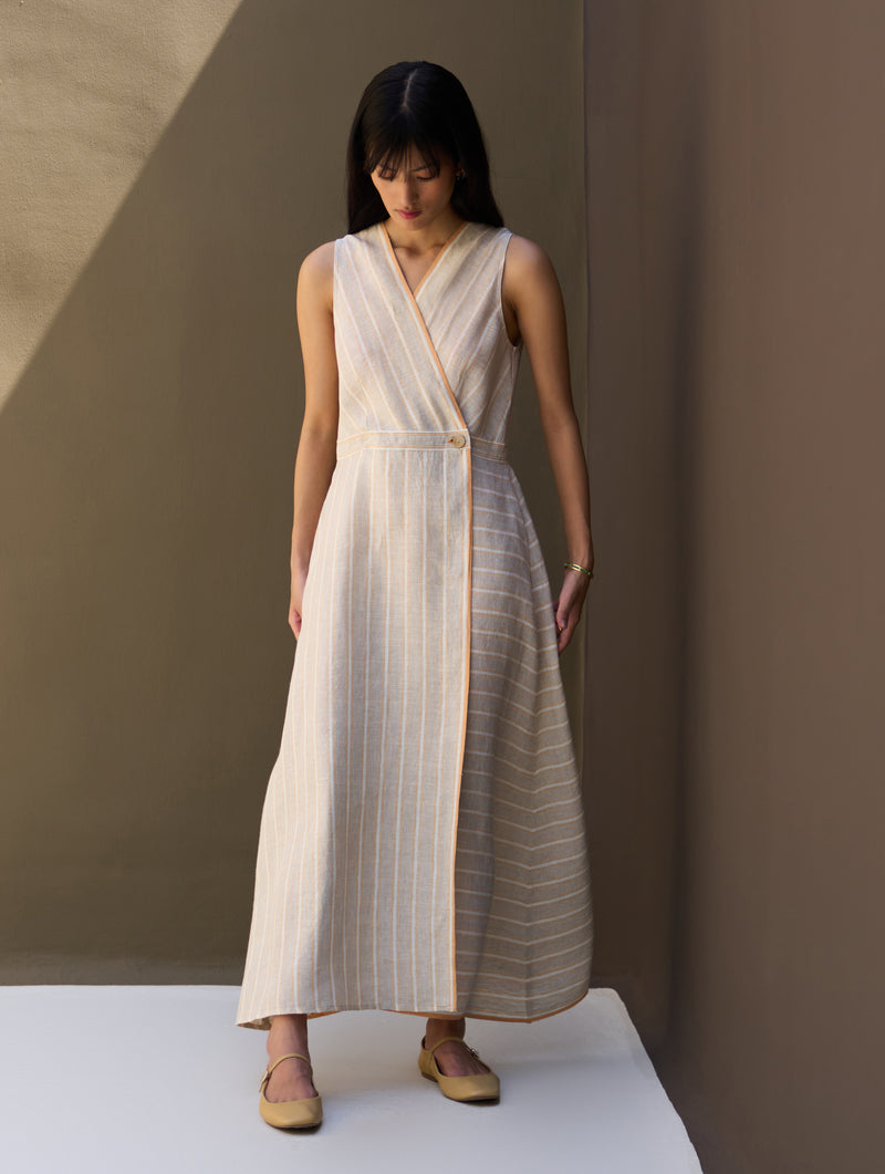 Kai Stripe Linen Wrap Dress - Natural