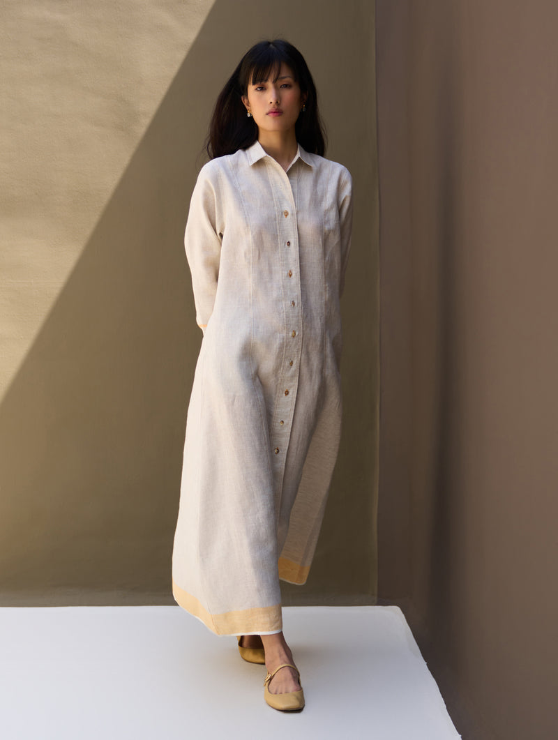 Ani Border Linen Dress - Natural