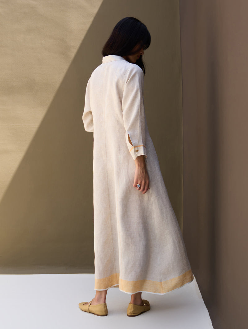 Ani Border Linen Dress - Natural