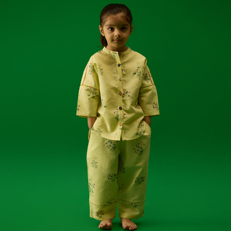 Hena Floral Linen Co-ord Set - Pistachio