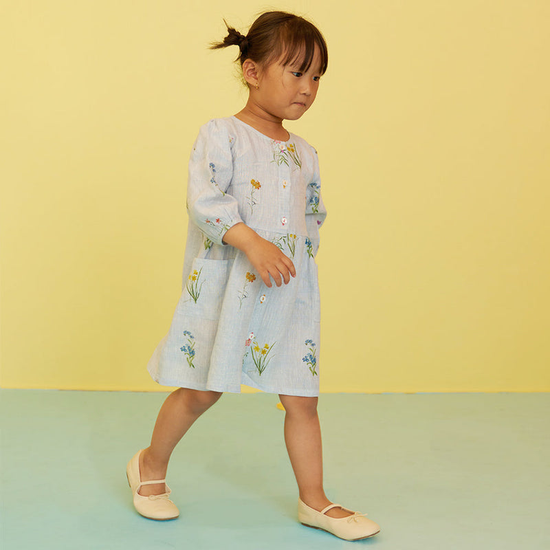 Cassia Botanical Linen Dress - Sky