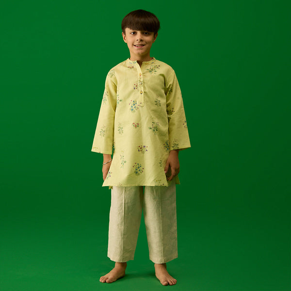 Kash Floral Linen Kurta Set - Pistachio