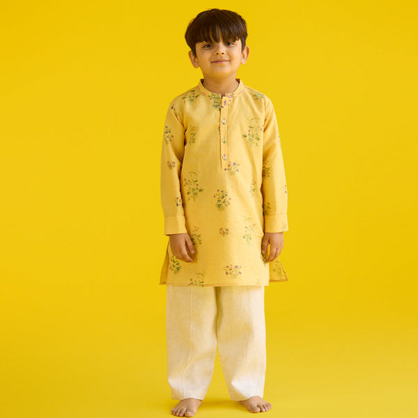 Kash Floral Linen Kurta Set - Mustard