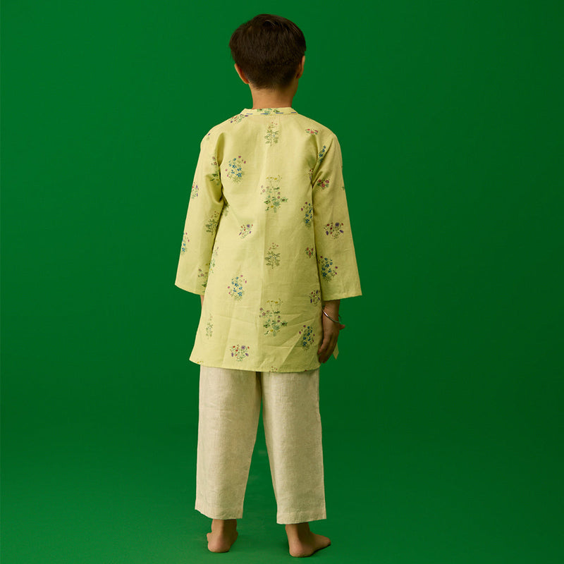 Kash Floral Linen Kurta - Pistachio