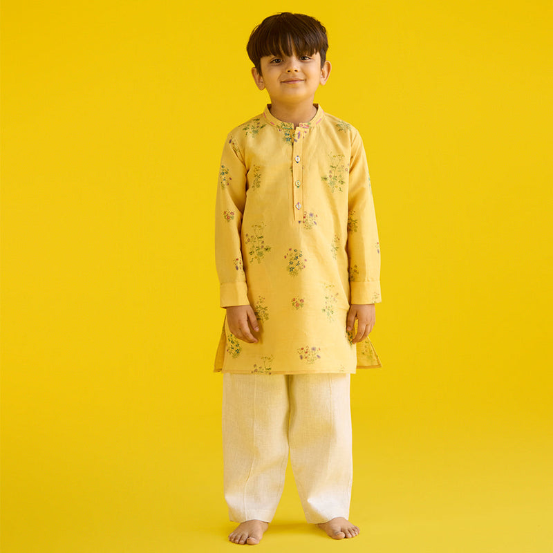 Kash Floral Linen Kurta - Mustard