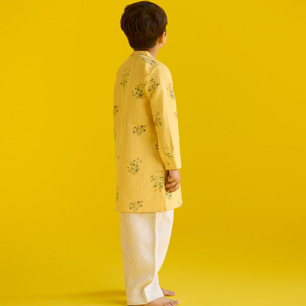 Kash Floral Linen Kurta - Mustard