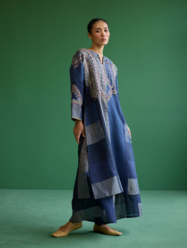 Rida Hand-Embroidered Metallic Linen Kurta - Navy