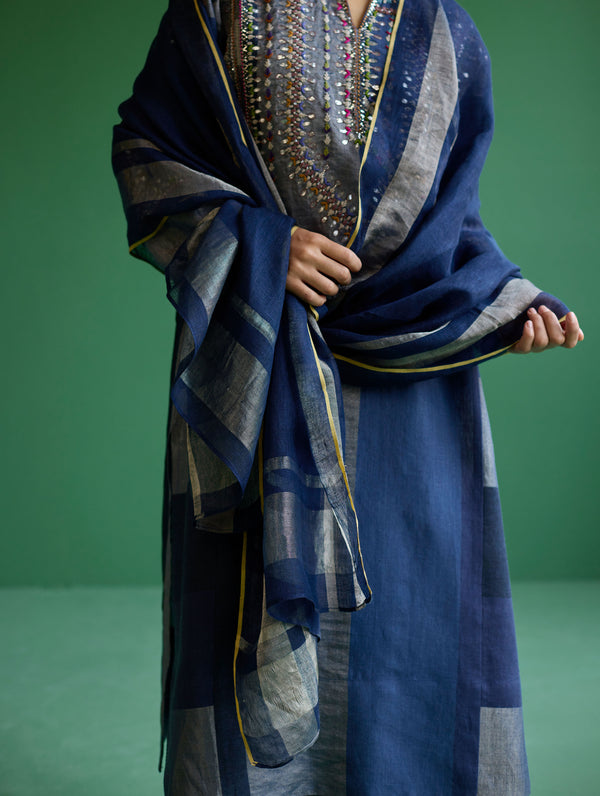 Shuri Metallic Linen Dupatta - Navy