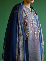 Rida Hand-Embroidered Metallic Linen Kurta - Navy